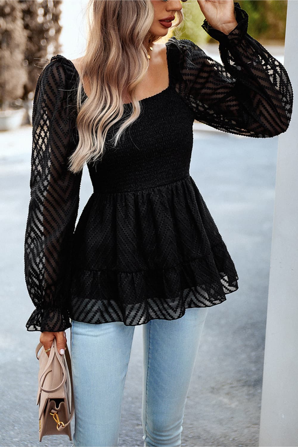 Square Neck Flounce Sleeve Peplum Top