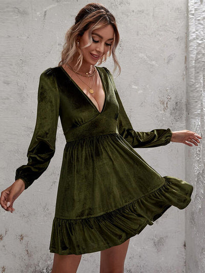 Plunge Long Sleeve Ruffle Hem Dress