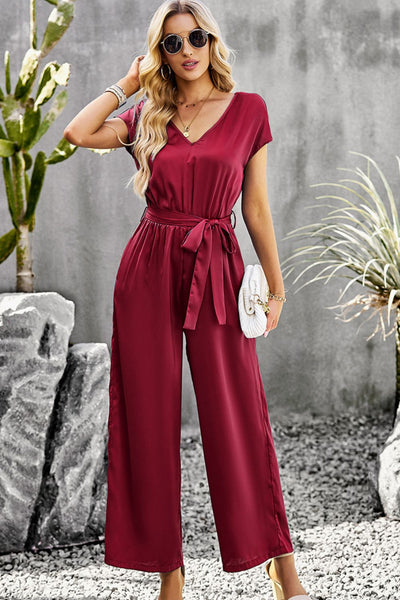 Tie Belt V-Neck Short Sleeve Jumpsuit