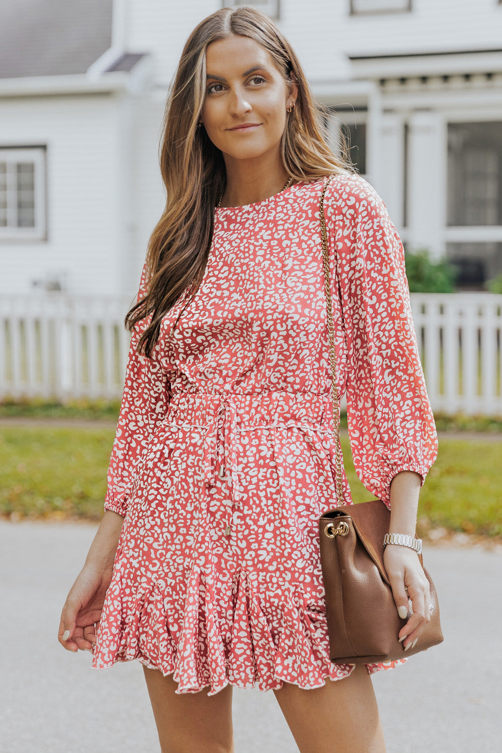 Leopard Round Neck Ruffle Hem Dress