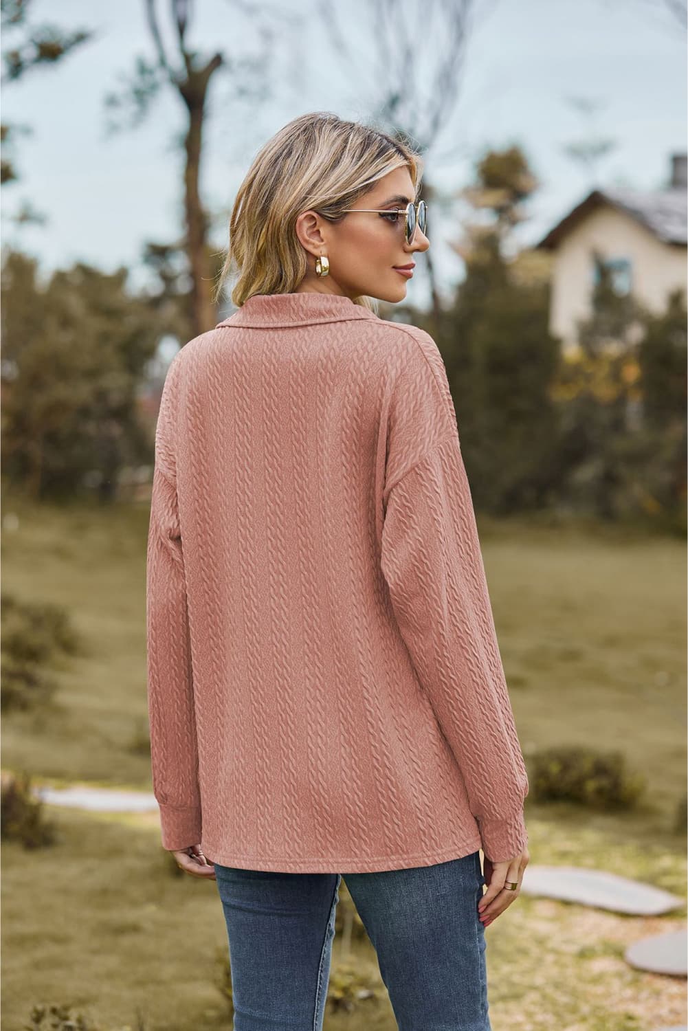 Collared Neck Cable-Knit Long Sleeve Blouse