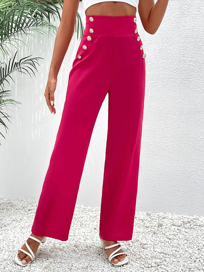 Buttoned Wide Waistband Wide Leg Pants