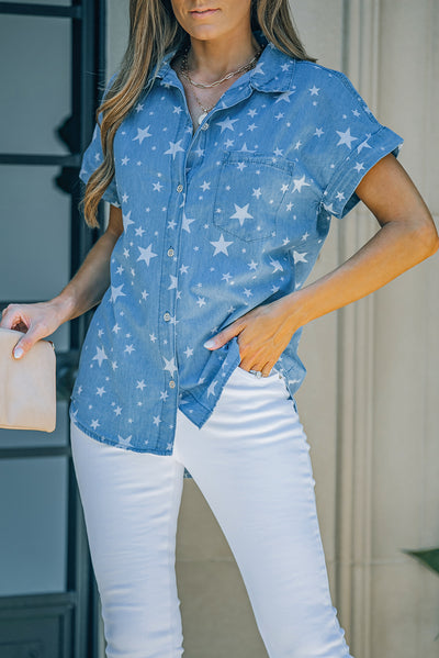 Star Print Button-Up Cuffed Short Sleeve Shirt