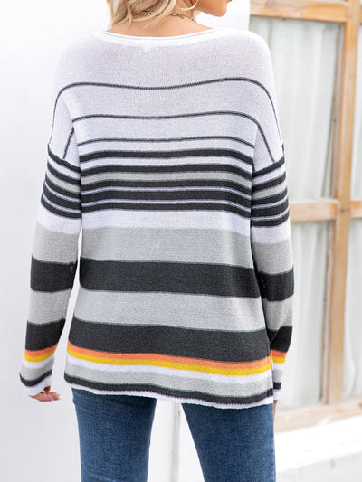 Striped Long Sleeve Round Neck Knit Top