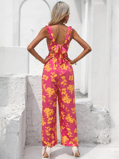 Floral Square Neck Cutout Tie Back Jumpsuit