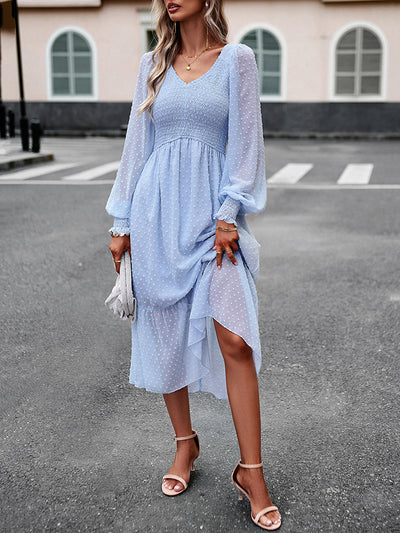 Swiss Dot V-Neck Flounce Sleeve Midi Dress