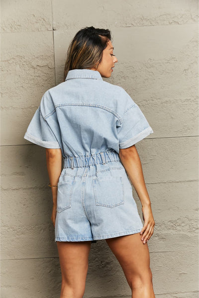 Collared Neck Denim Romper with Pockets