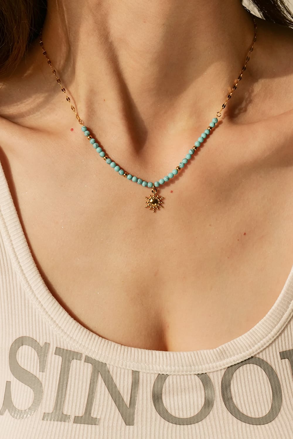 Turquoise Beaded 18K Gold-Pleated Sun Shape Pendant Necklace