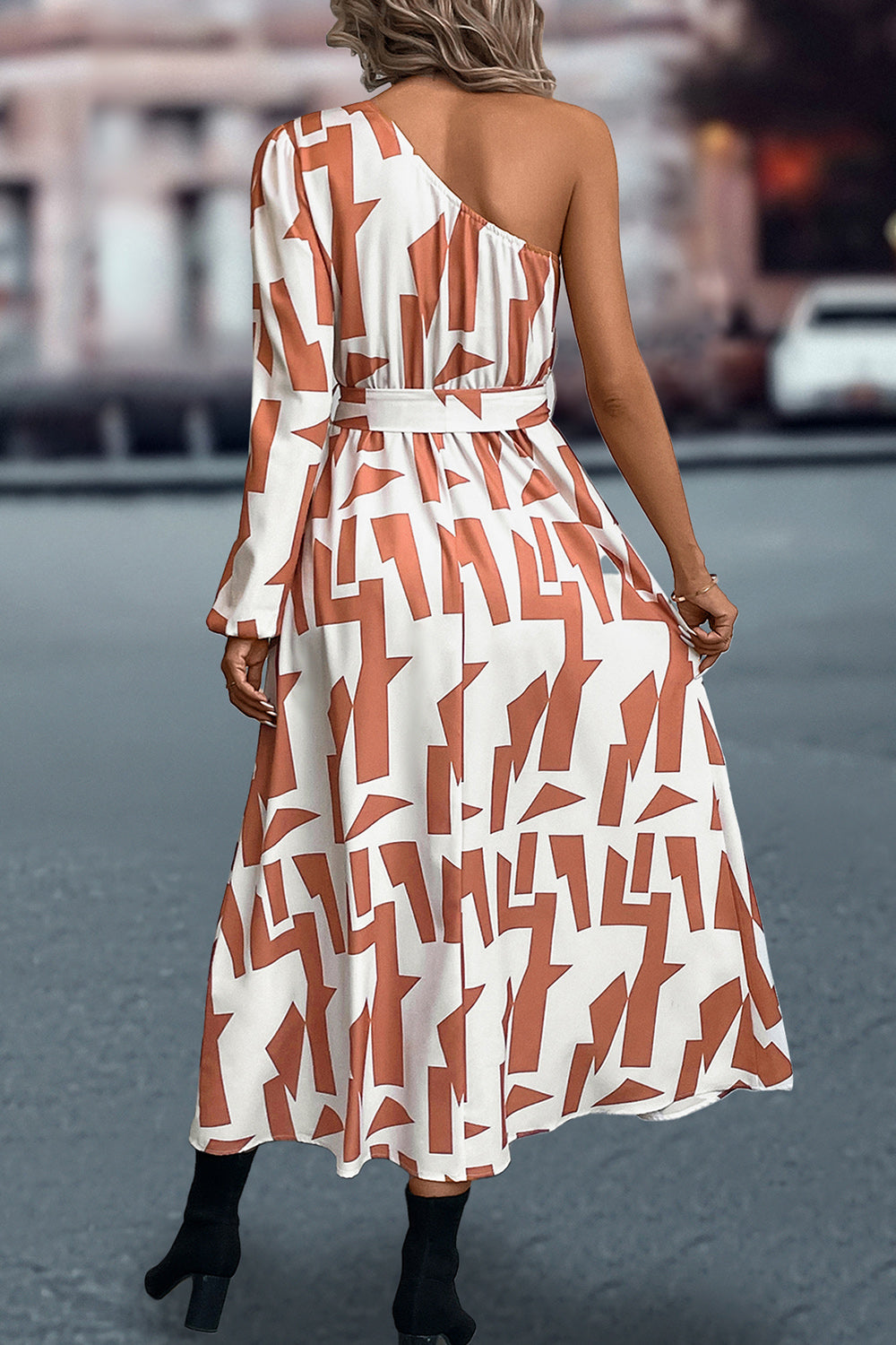 Printed One-Shoulder Tie Waist Dress