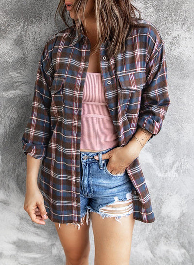 Plaid Slit High-Low Shirt with Pockets