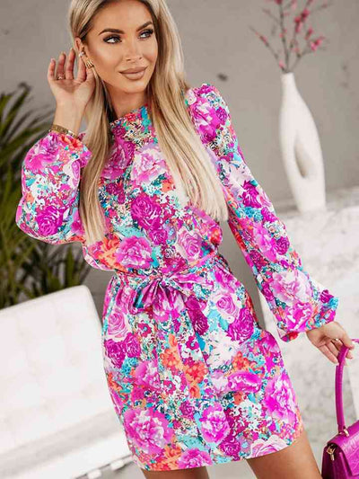 Floral Print Round Neck Long Sleeve Dress