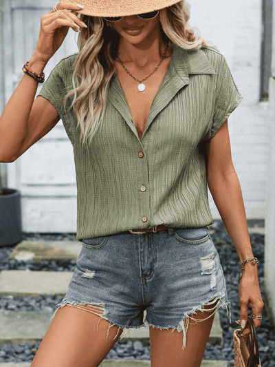 Collared Neck Short Sleeve Button-Up Shirt