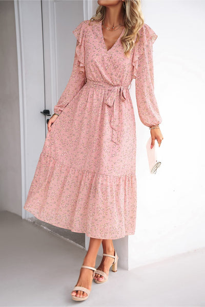 Surplice Neck Balloon Sleeve Midi Dress