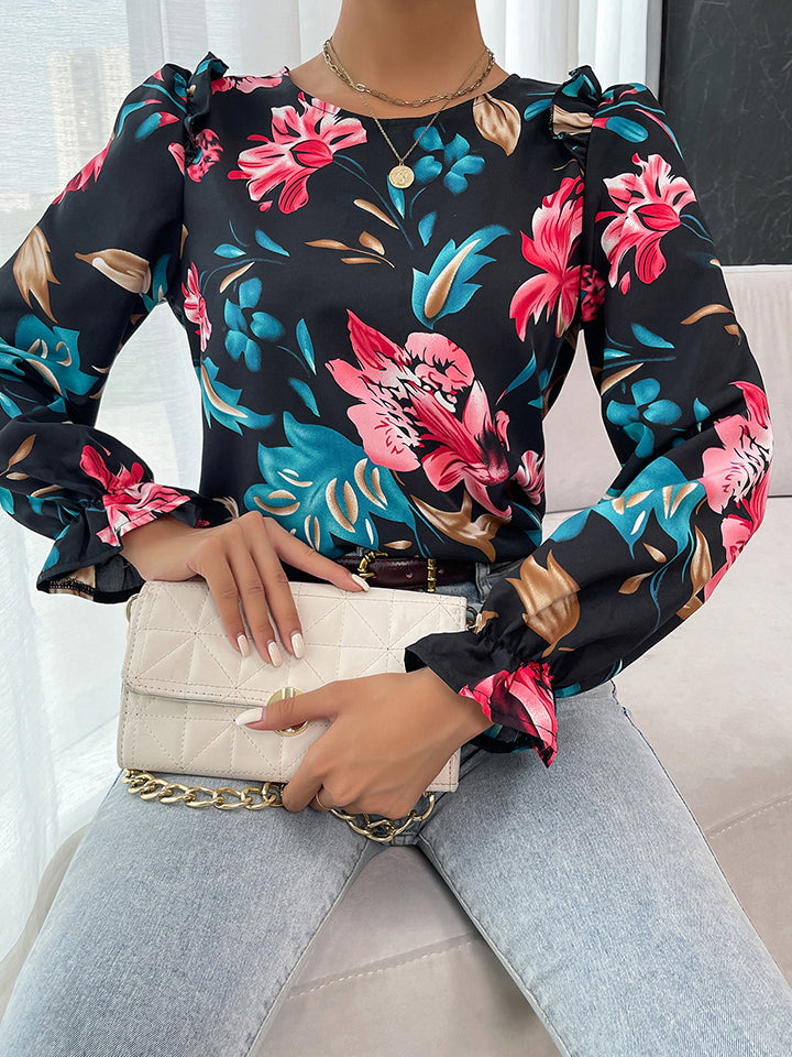 Floral Ruffle Shoulder Flounce Sleeve Blouse