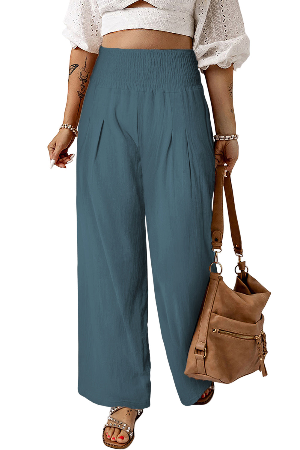 Smocked High Waist Wide Leg Pants