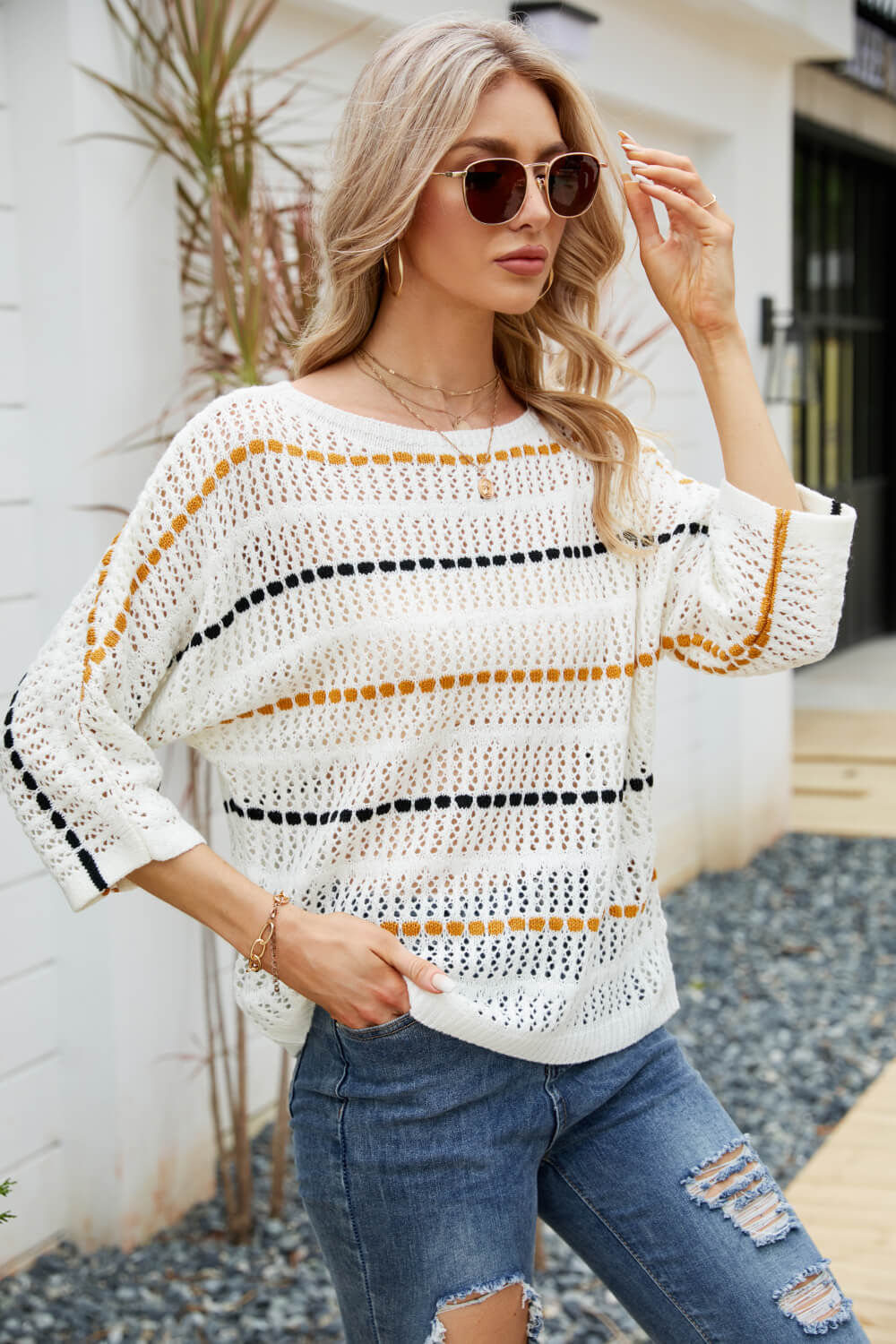 Striped Openwork Three-Quarter Sleeve Knit Top