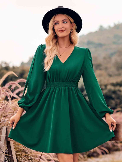 V-Neck Split Sleeve Mini Dress