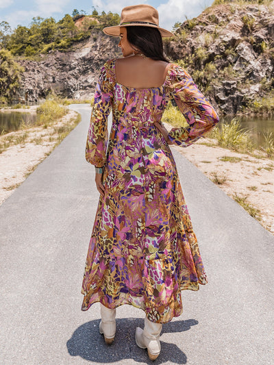 Printed V-Neck Long Sleeve Dress