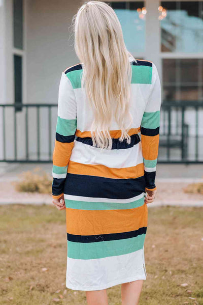 Striped Drawstring Waist Side Slit Midi Dress