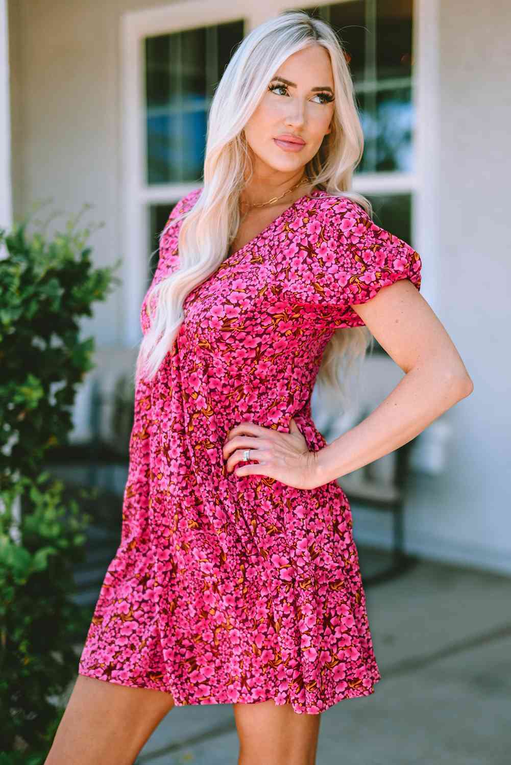 Floral V-Neck Short Sleeve Mini Dress