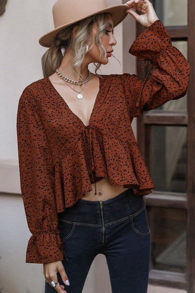 Cropped V-Neck Long Sleeve Blouse