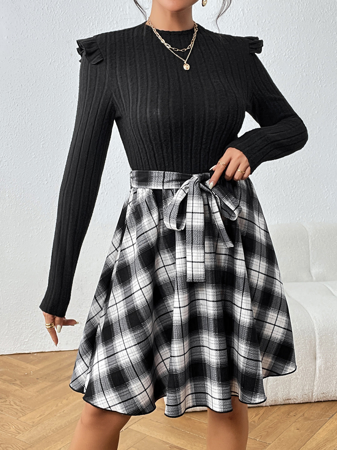 Plaid Ruffle Shoulder Round Neck Dress