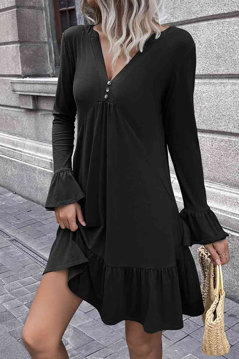 V-Neck Flounce Sleeve Ruffle Hem Mini Dress