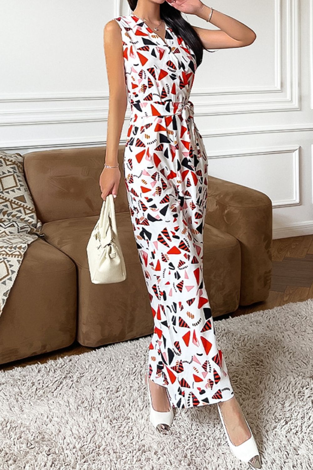 Printed Surplice Neck Sleeveless Jumpsuit